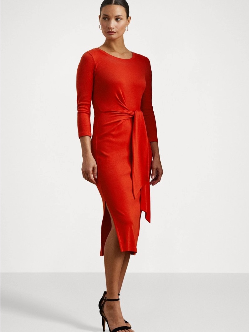 Lauren Ralph Lauren Womens Tie-Front Cotton-Blend Crewneck Dress